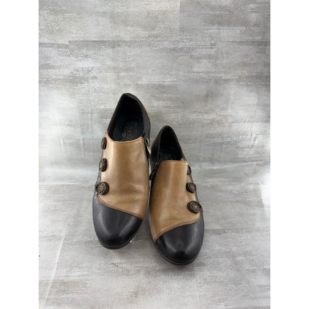 L'Artiste Spring Step Greentea-BM Black Tan Leather Button Shooties Women Sz 37